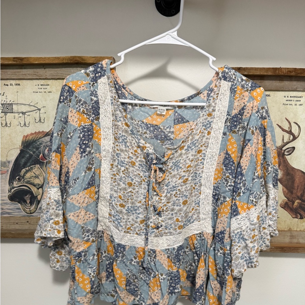 Boho American Eagle Outfitters Patchwork Lace Blouse - Blue, Orange, Cream